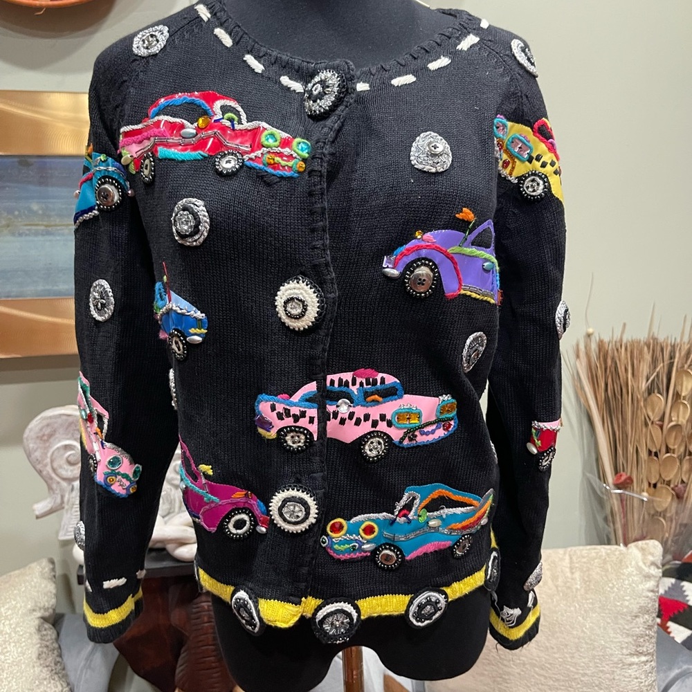 Michael Simon Black Cardigan with Colorful Car Designs